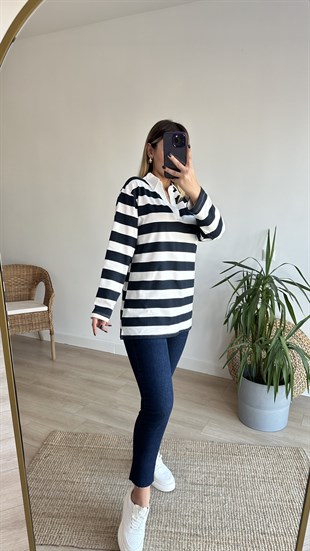 Polo Yaka Kalın Çizgili Basic Sweat