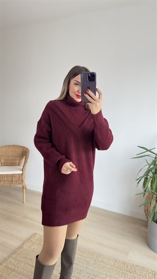 Bordo Boğazlı Tunik Elbise 