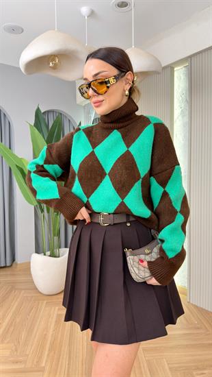 Boğazlı Yeşil Kahve Baklava Desenli Kazak