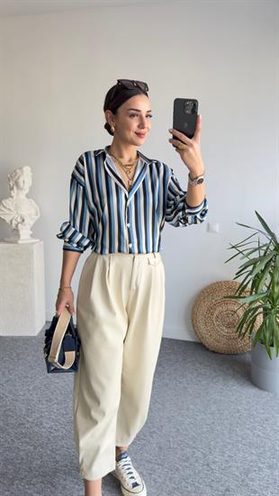 İvvi Zra Model Mavi Çizgili Saten Gömlek