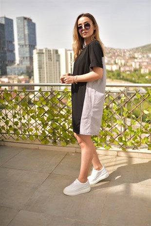 Sırtı Poplin Detaylı Siyah Elbise