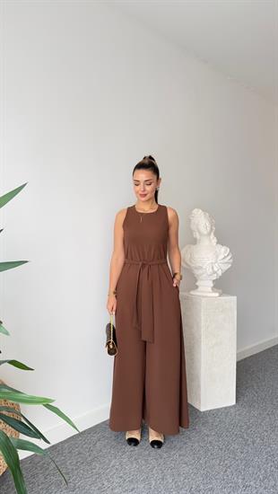 Kahve Carta Kuşaklı Bol Paça Tulum