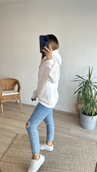 Sırt Baskılı Beyaz Kapüşonlu Sweatshirt