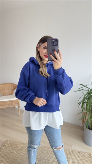 Gömlek Detaylı Mavi Kapüşonlu Sweat