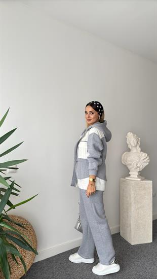 Beyaz Gabardin Garnili Şardonlu Gri Eşofman Takımı