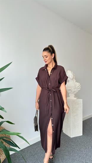 Kahve Lunea Kuşaklı Tensel Elbise 