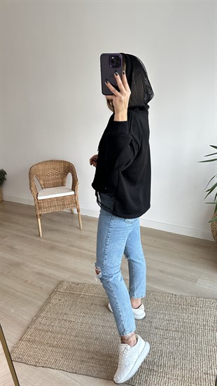 File Detaylı Siyah Sweatshirt