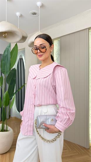 Pembe Bebe Yaka Çizgili Gömlek