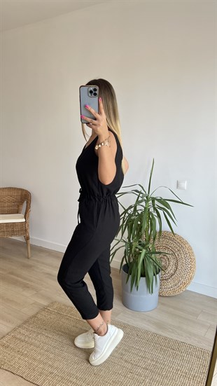 Beli Lastikli Siyah Kolsuz Tulum