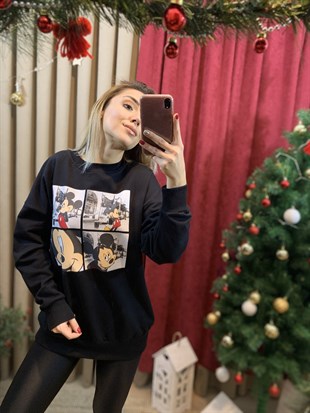 Siyah Mickey Baskılı Sweatshirt
