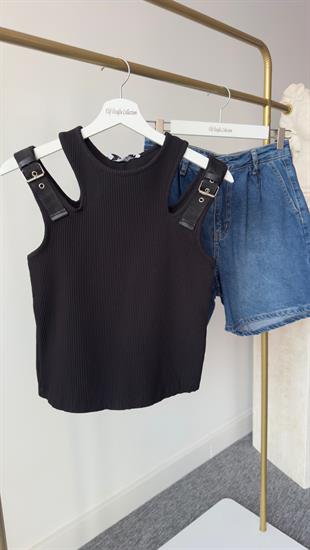 Kemer Aksesuarlı Siyah Fitilli Atlet