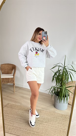 Mickey İşlemeli Gri Sweatshirt
