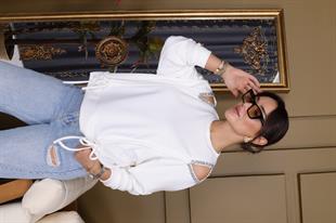 Beyaz Loden Pencere Detay Taş İşlemeli Modal Sweat