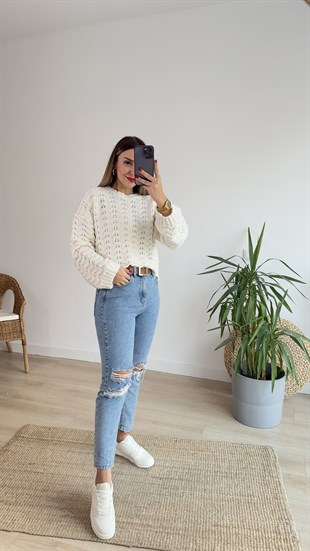 Zikzak Kabartma Desen Ekru Triko