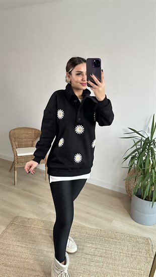 Papatya Nakışlı Siyah Sweatshirt