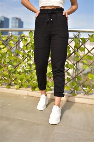 Paça Detaylı Siyah Gabardin Pantolon