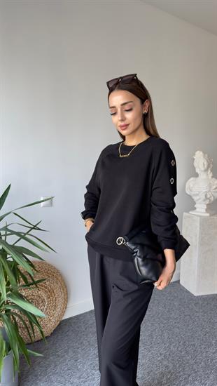 Orj Model Kollar Kuş Gözü Detay Siyah Sweat 
