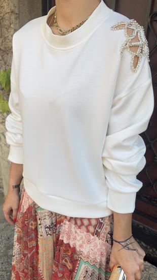 Omuz Detay Orj Model Beyaz Sweat