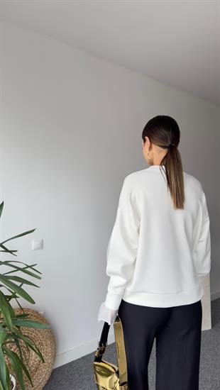 Kolu Pencereli Tül Detay Beyaz Modal Sweat