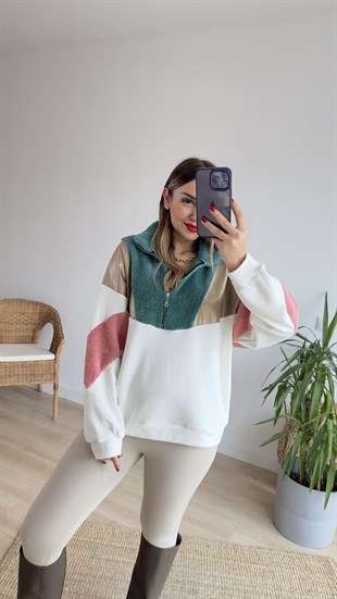 Deri Ve Peluş Detaylı Beyaz Sweat