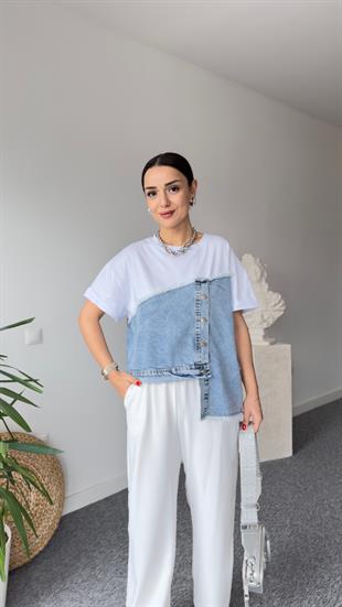 Asimetrik Kot Detaylı Beyaz Tshirt
