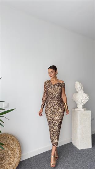 Volare Tek Omuz Leopar Desenli Tül Elbise 