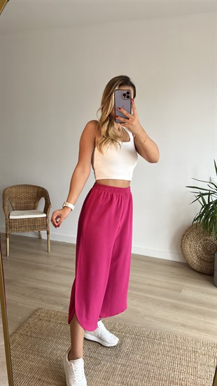 Yırtmaç Detaylı Pembe Keten Pantolon