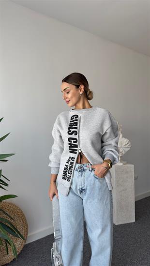 Berlin Fermuar Ve Yazı Detaylı Gri Sweatshirt