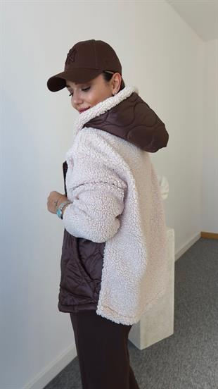 Kahve Kapitone Detaylı Ekru Teddy Ceket