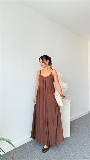 Kahve Brenda Askılı Viskon Elbise 