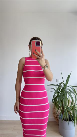 Nisen Kolsuz Çizgili Pembe Triko Elbise 