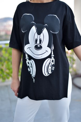  Kulaklıklı Siyah Mickey Tshirt