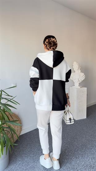 Siyah Beyaz Kapüşonlu Sweatshirt