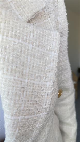 Gold Düğme Ekru Tüvit Blazer Ceket