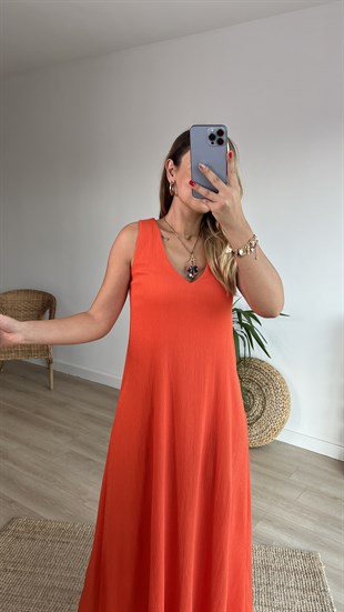 Kolsuz V Yaka Turuncu Maxi Elbise