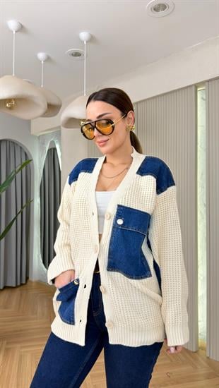 Ekru Linea Kot Garnili Triko Hırka