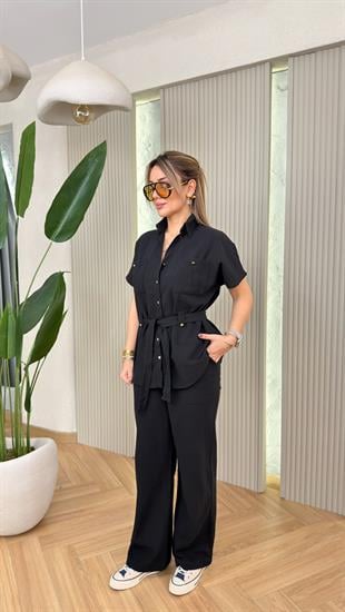 Siyah Lendis Kuşaklı Keten Takım