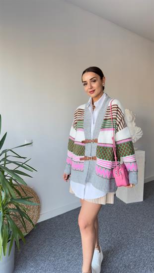 Deri Kemer Detay Yeşil Tasarım Hırka