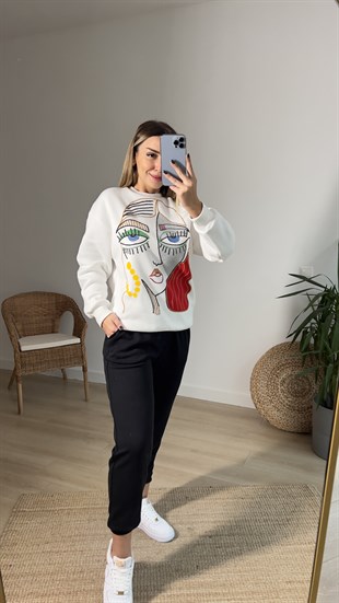 Renkli Yüz Baskı Beyaz Sweatshirt
