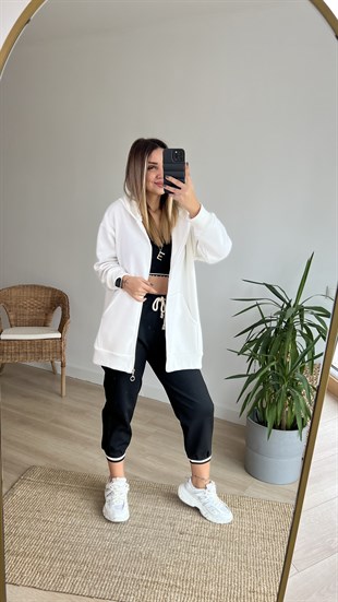 Şardonlu Yanları Yırtmaçlı Beyaz Sweatshirt