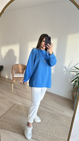 İki iplik Yazılı Salaş Mavi Sweat
