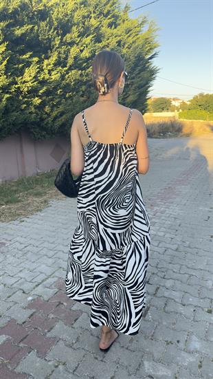 Chin Siyah Desenli Askılı Uzun Elbise 
