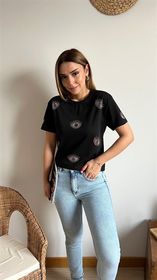 Göz Detaylı Siyah Tshirt