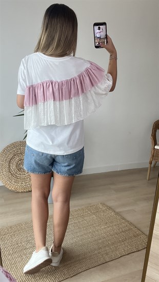 Fistolu Pembe Çizgili Tasarım Tshirt