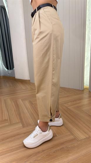 Minera Paça Düğmeli Kemerli Bej Pantolon
