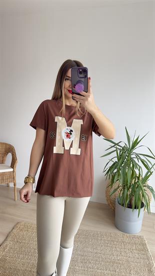 M Baskı Kahve Tshirt