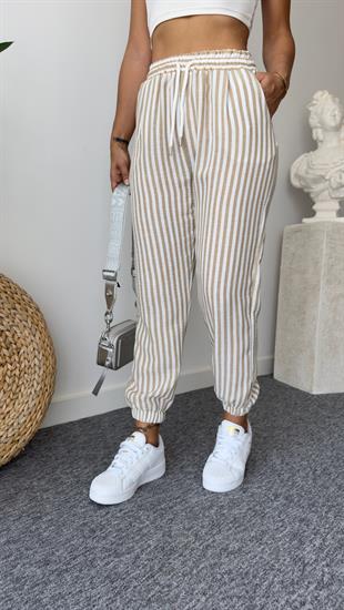 Bej Çizgili Keten Jogger Pantolon