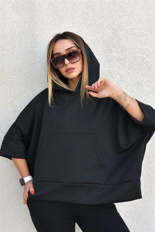 Modal Kumaş Kapüşonlu Siyah Sweat