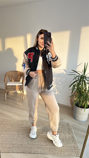 Cebi Şerit Detaylı Şardonlu Bej Eşofman Altı