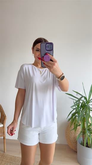 Futon Bisiklet Yaka Viskon Beyaz Tshirt